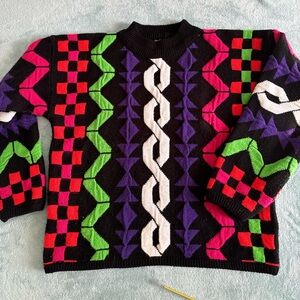 Vintage Sweater Chunky COOGI STYLE Neon Geometric Chunky Knit Large Cozy
